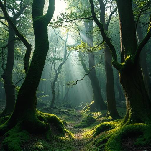 Vue du lieu de tournage 5 : Forêt de Brocéliande avec des arbres couverts de mousse et une lumière filtrée