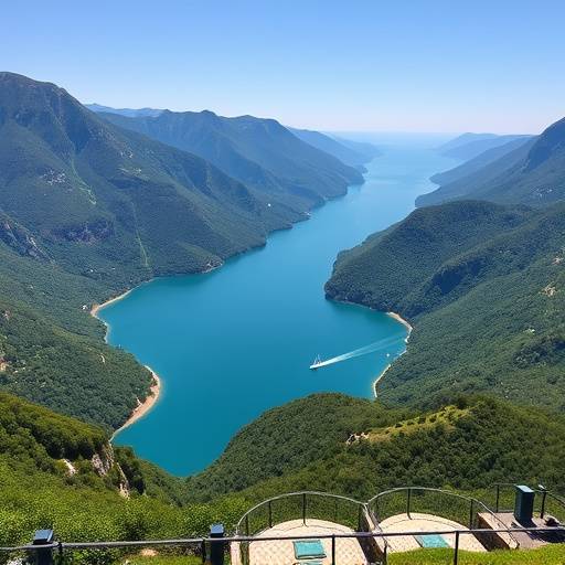 Vue panoramique du lac de Sainte-Croix, alimenté par les Gorges du Verdon, avec des bateaux naviguant.